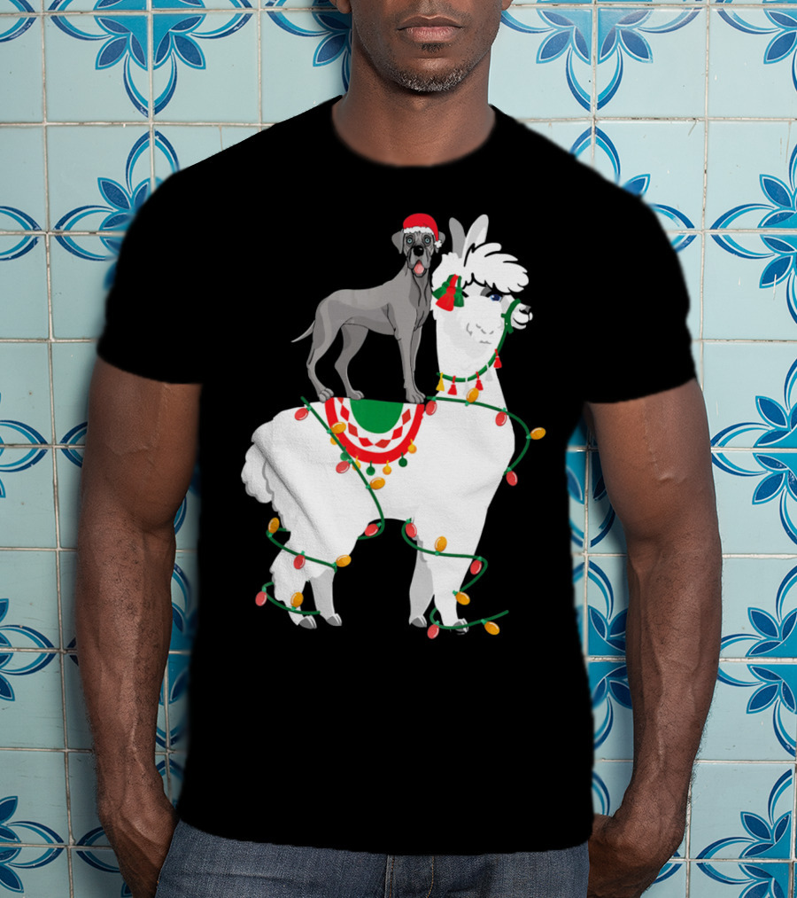 Fa La LLAMA Great Dane With Santa Hat On Llama Christmas Lights T-Shirt