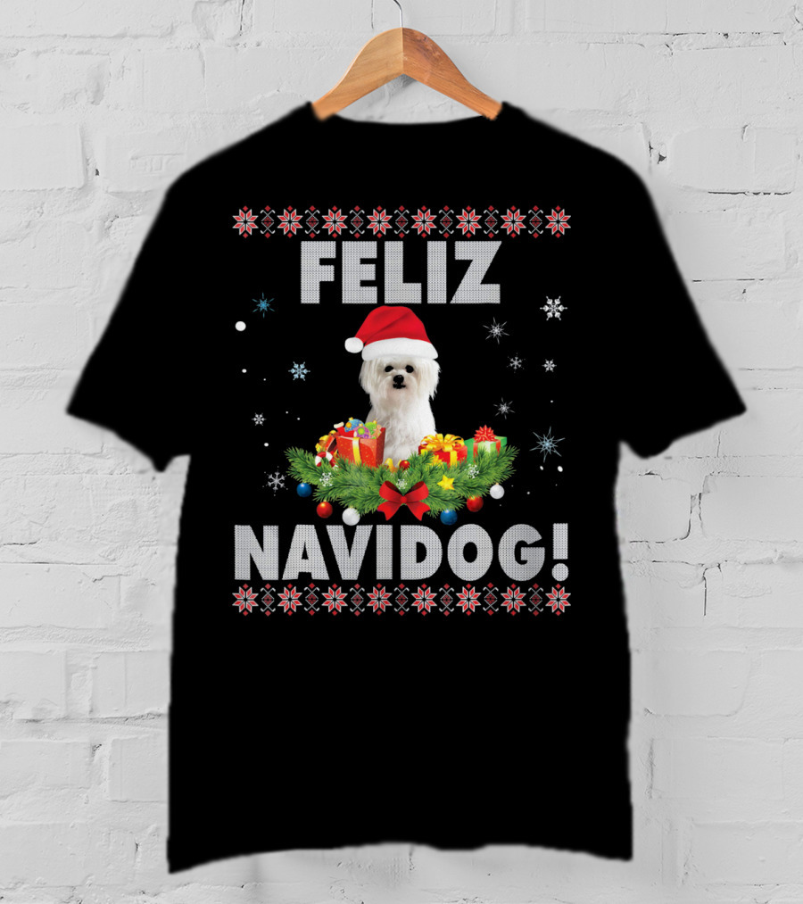 Feliz Navidog Maltese Dog Christmas Santa Hat Holiday Festive T-Shirt