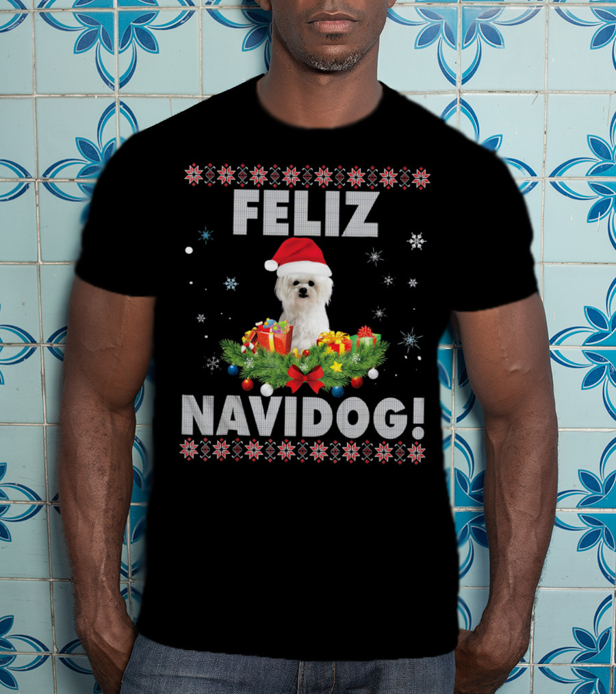 Feliz Navidog Maltese Dog Christmas Santa Hat Holiday Festive T-Shirt