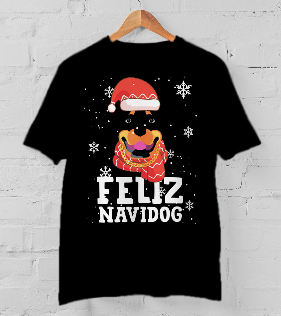 Feliz Navidog Rottweiler Christmas Santa Hat Snowflakes Ugly Sweaters T-Shirt
