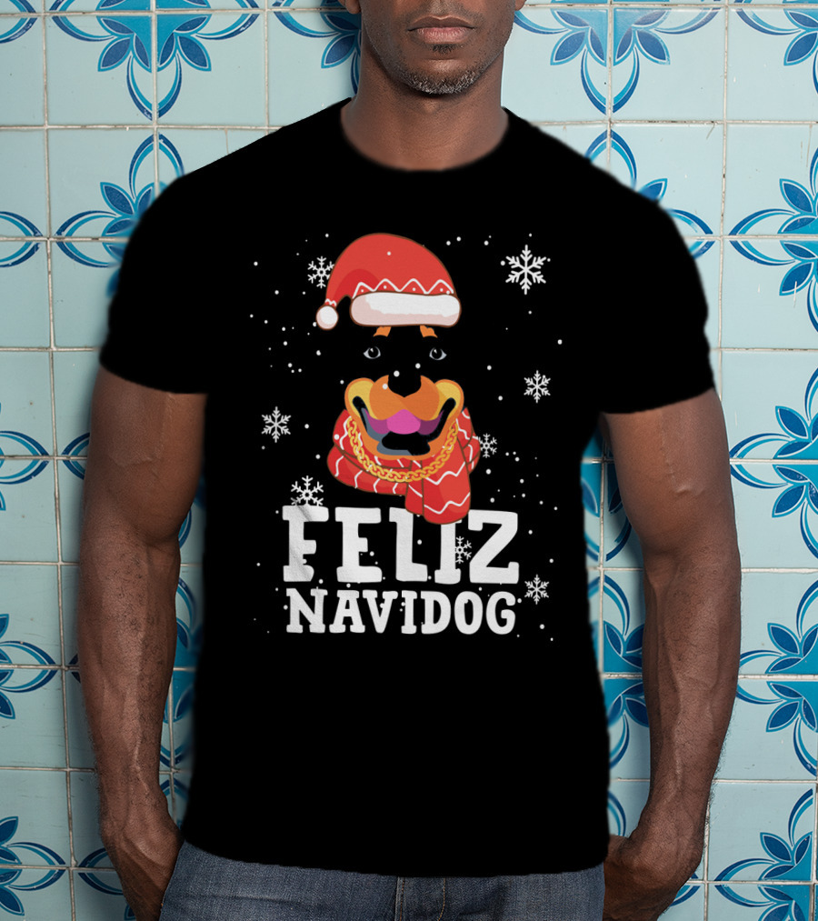 Feliz Navidog Rottweiler Christmas Santa Hat Snowflakes Ugly Sweaters T-Shirt