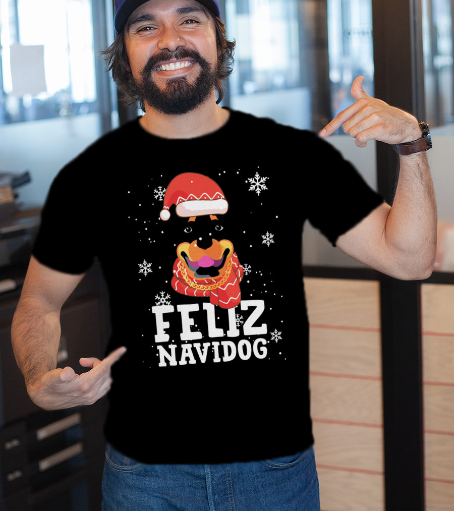 Feliz Navidog Rottweiler Christmas Santa Hat Snowflakes Ugly Sweaters T-Shirt