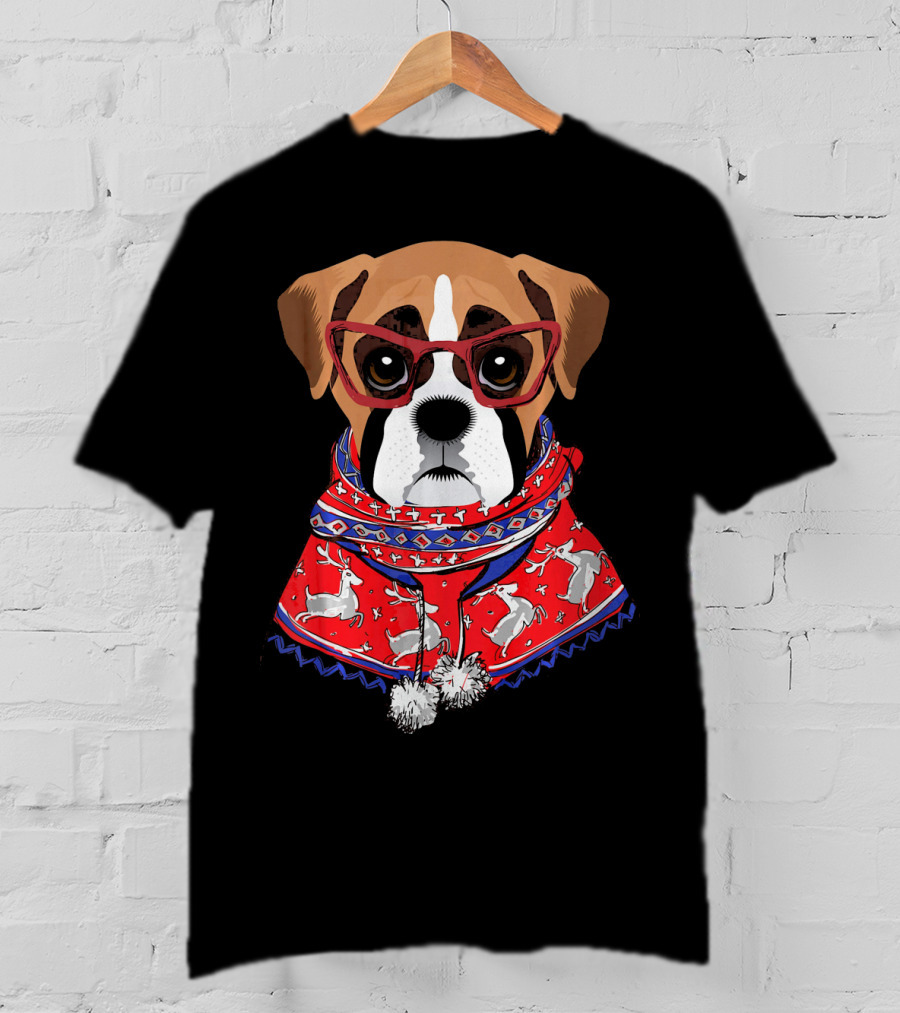 Funny Boxer Dog With Glasses In Christmas Scarf Holiday Look T-Shirt
