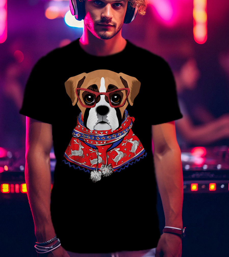 Funny Boxer Dog With Glasses In Christmas Scarf Holiday Look T-Shirt