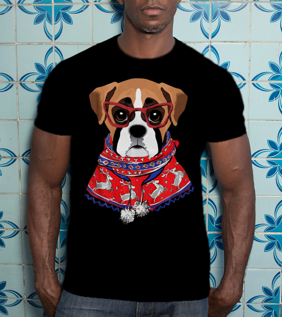 Funny Boxer Dog With Glasses In Christmas Scarf Holiday Look T-Shirt