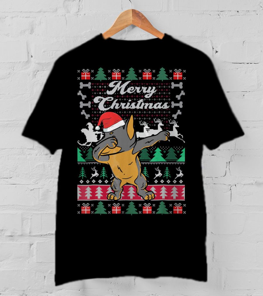 Merry Christmas Doberman Dabbing In Santa Hat With Holiday Symbols T-Shirt