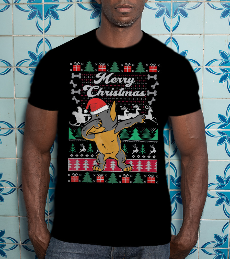 Merry Christmas Doberman Dabbing In Santa Hat With Holiday Symbols T-Shirt