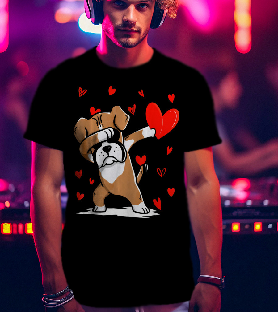 Dabbing Boxer Dog Holding Heart With Valentines Day T-Shirt