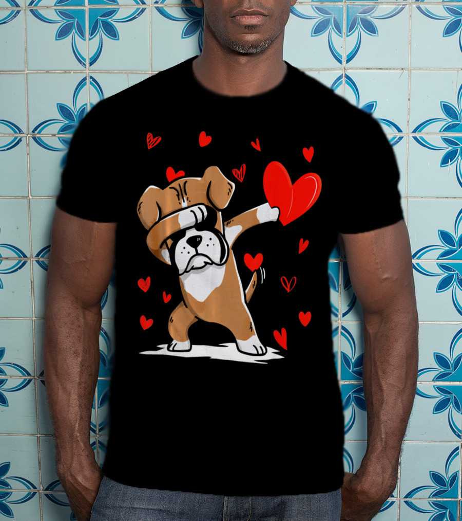 Dabbing Boxer Dog Holding Heart With Valentines Day T-Shirt
