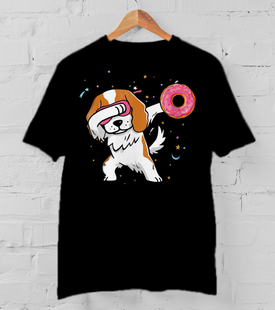 Funny Dabbing Cavalier King Charles Spaniel With Pink Frosted Donut T-Shirt