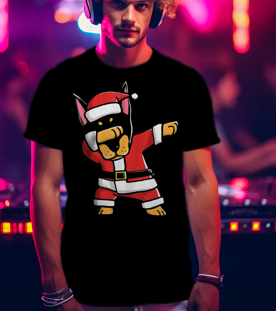 Funny Dabbing Doberman Pinscher Dog Ugly Christmas Santa T-Shirt