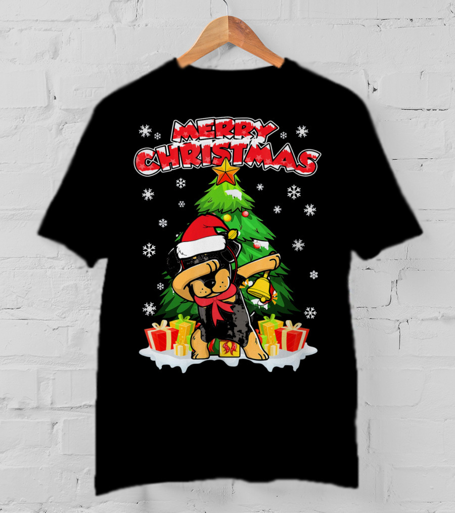 Merry Christmas Dabbing Rottweiler With Santa Hat And Gifts T-Shirt