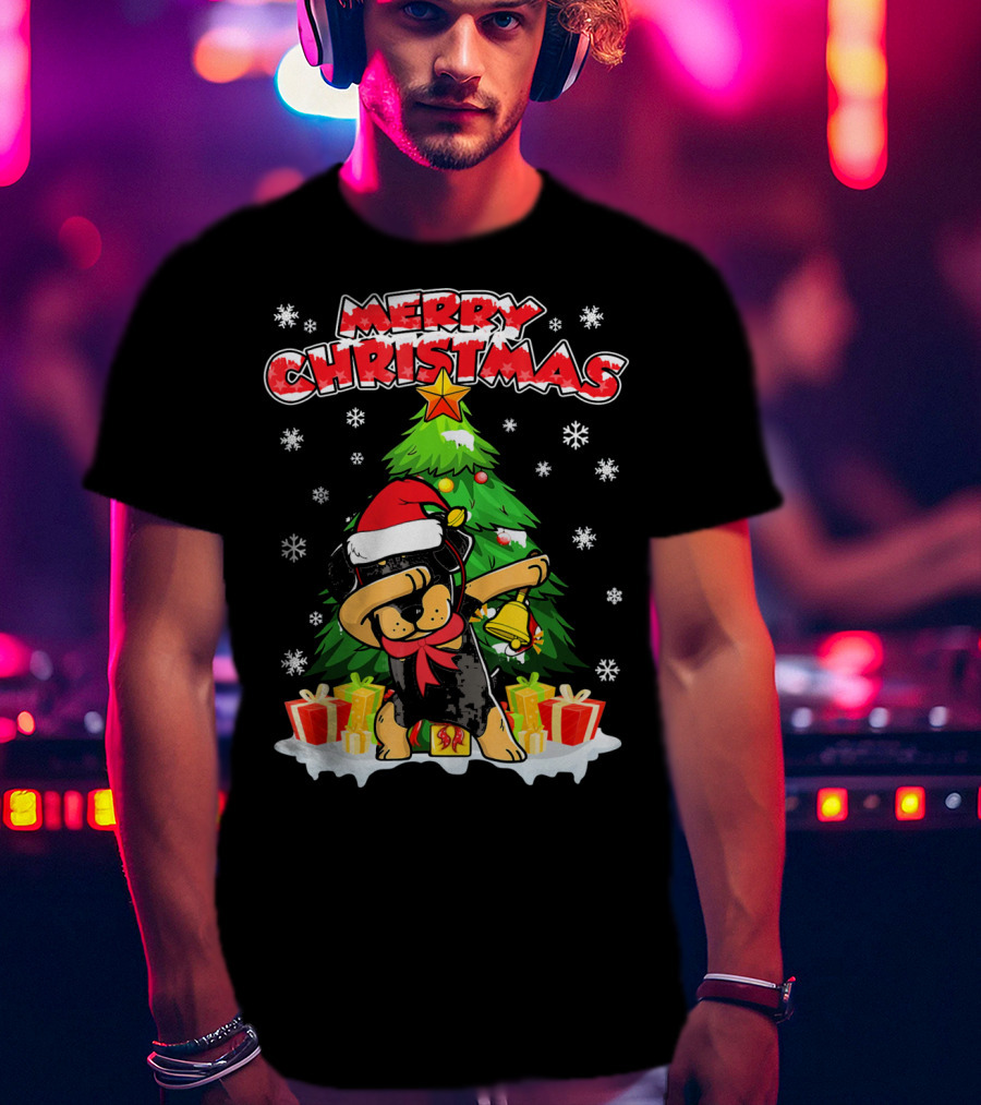 Merry Christmas Dabbing Rottweiler With Santa Hat And Gifts T-Shirt