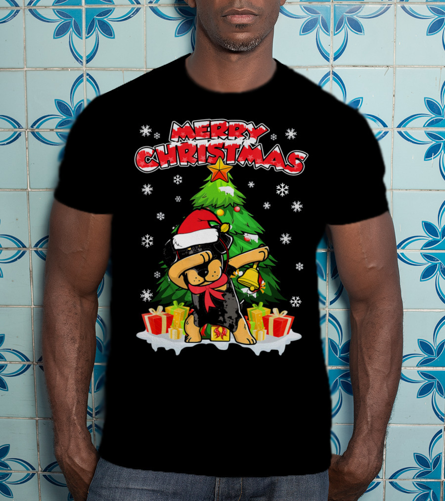 Merry Christmas Dabbing Rottweiler With Santa Hat And Gifts T-Shirt
