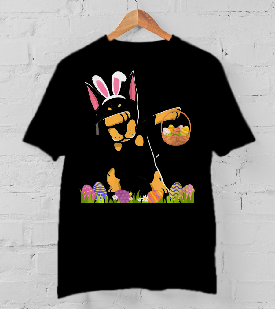 Doberman Dabbing With Bunny Ears And Easter Basket Of Eggs T-Shirt