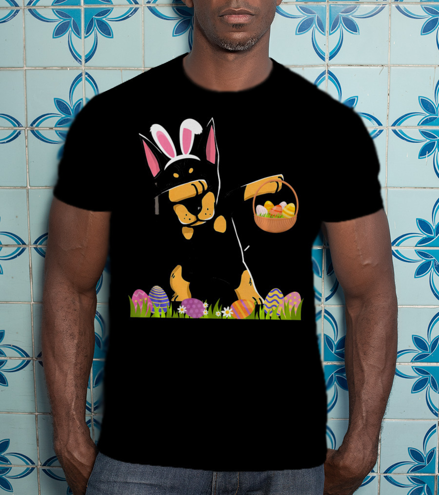 Doberman Dabbing With Bunny Ears And Easter Basket Of Eggs T-Shirt