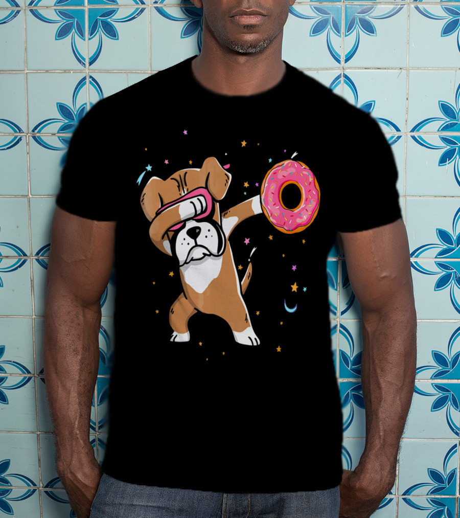 Funny Donut Day Dabbing Boxer With Sprinkled Donut In Stars And Moon T-Shirt