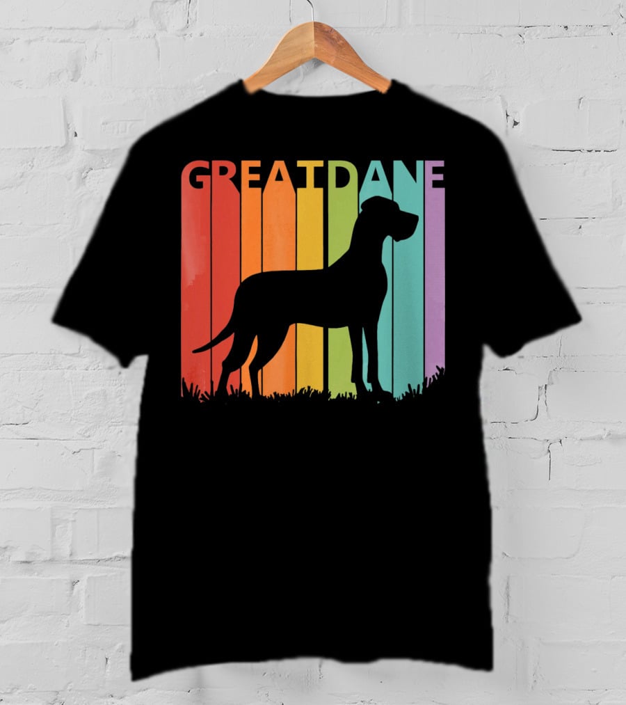 Great Dane Dog Silhouette Retro Rainbow Stripes T-Shirt