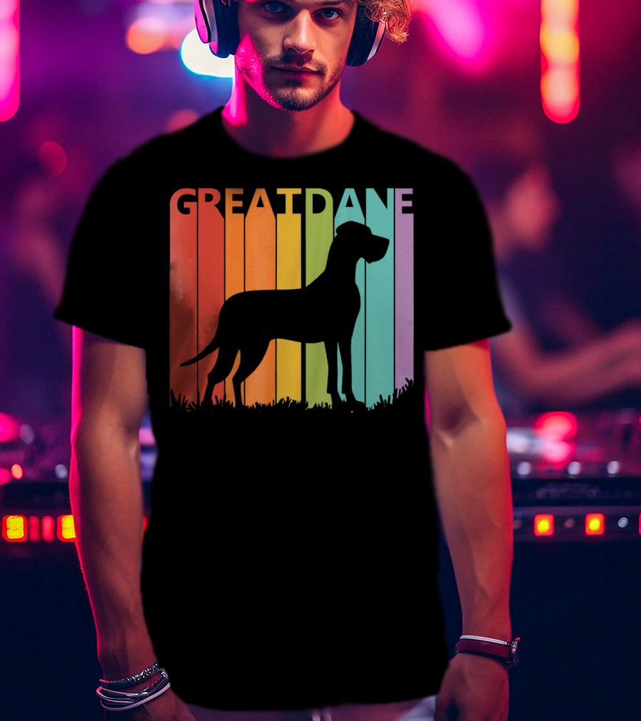 Great Dane Dog Silhouette Retro Rainbow Stripes T-Shirt