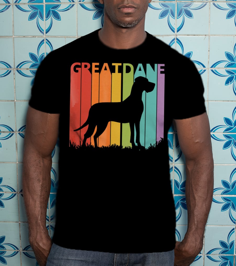 Great Dane Dog Silhouette Retro Rainbow Stripes T-Shirt