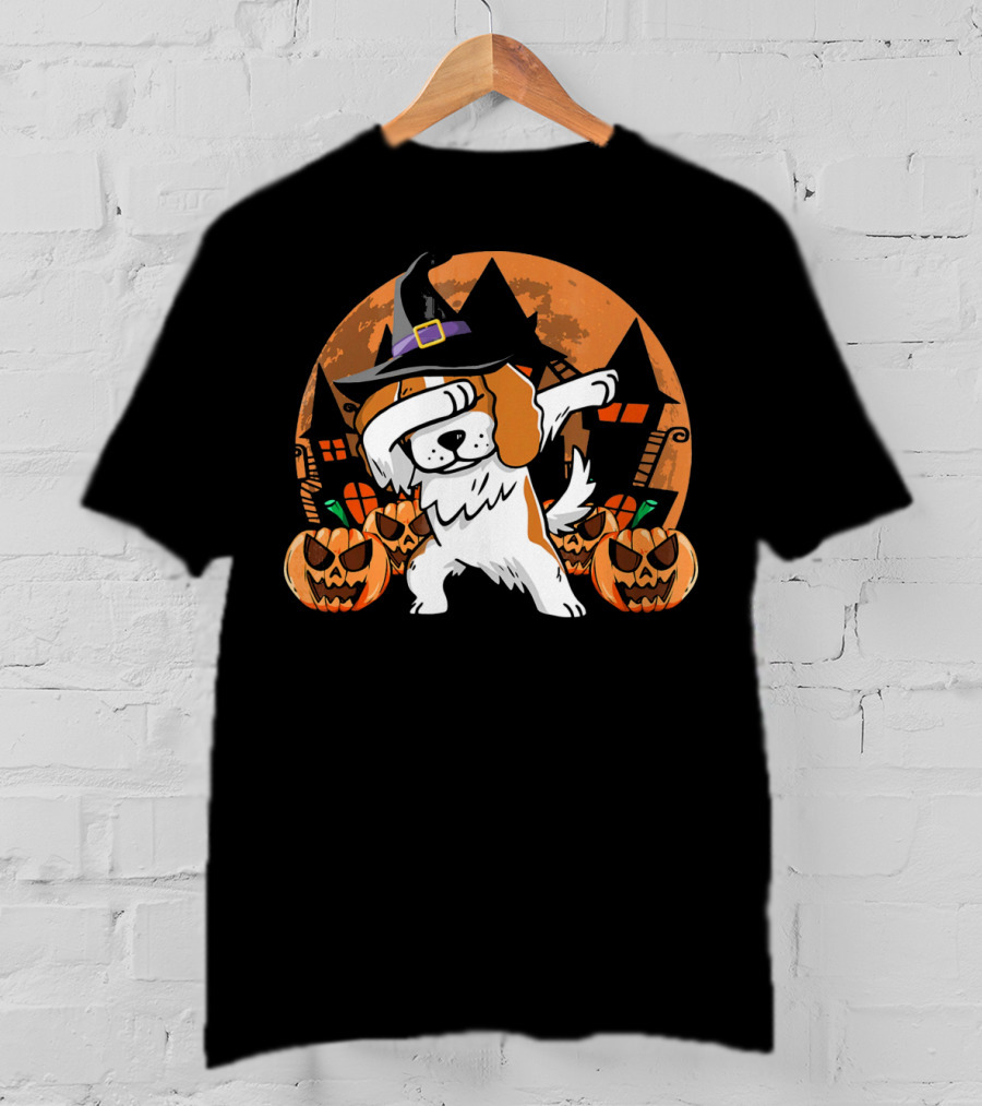 Funny Halloween Dabbing Cavalier Witch Hat Pumpkins Haunted House T-Shirt