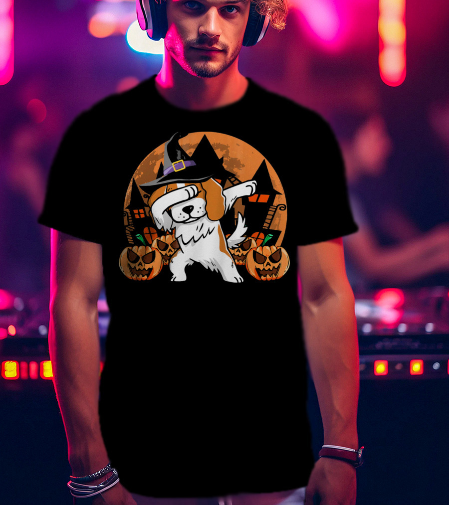 Funny Halloween Dabbing Cavalier Witch Hat Pumpkins Haunted House T-Shirt
