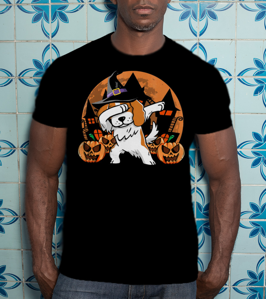 Funny Halloween Dabbing Cavalier Witch Hat Pumpkins Haunted House T-Shirt