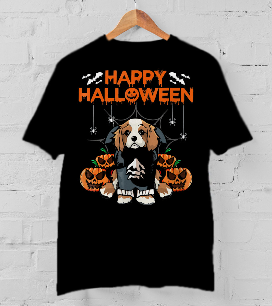 Happy Halloween Vampire Cavalier Dog Surrounded By Pumpkins And Bats T-Shirt