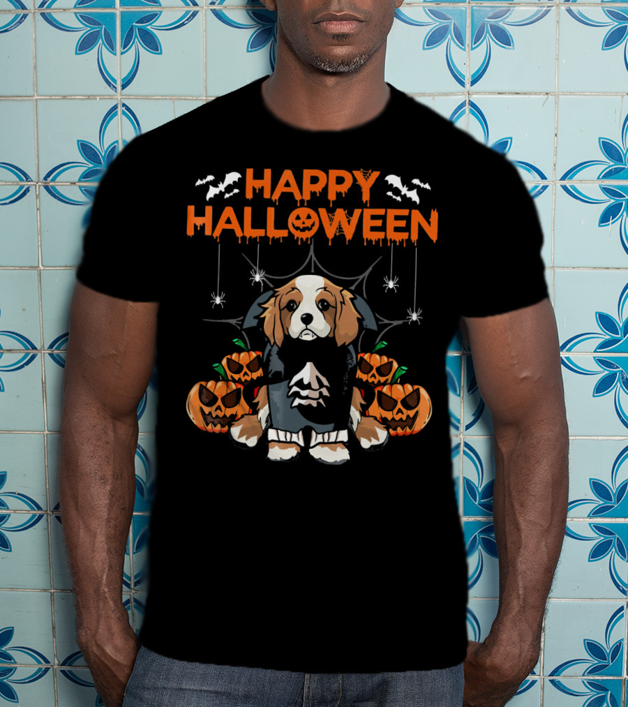 Happy Halloween Vampire Cavalier Dog Surrounded By Pumpkins And Bats T-Shirt