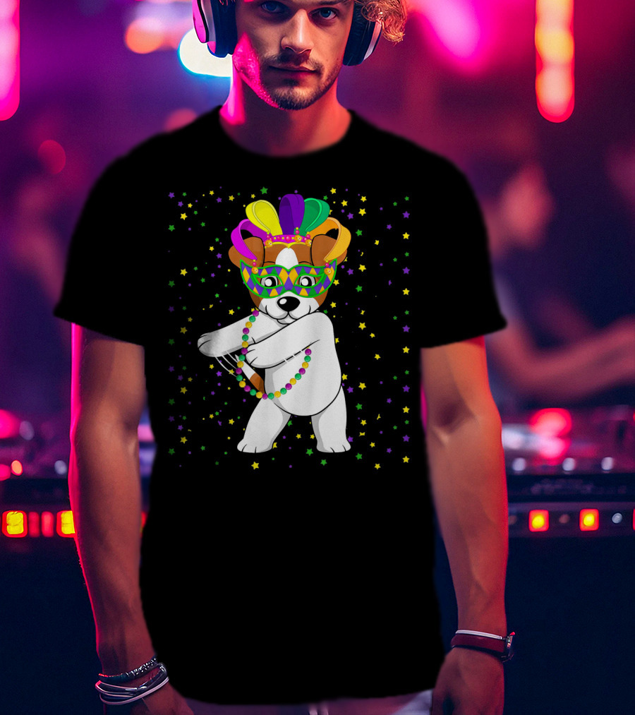 Jack Russell Flossing Jester Hat Mardi Gras Beads Dog T-Shirt