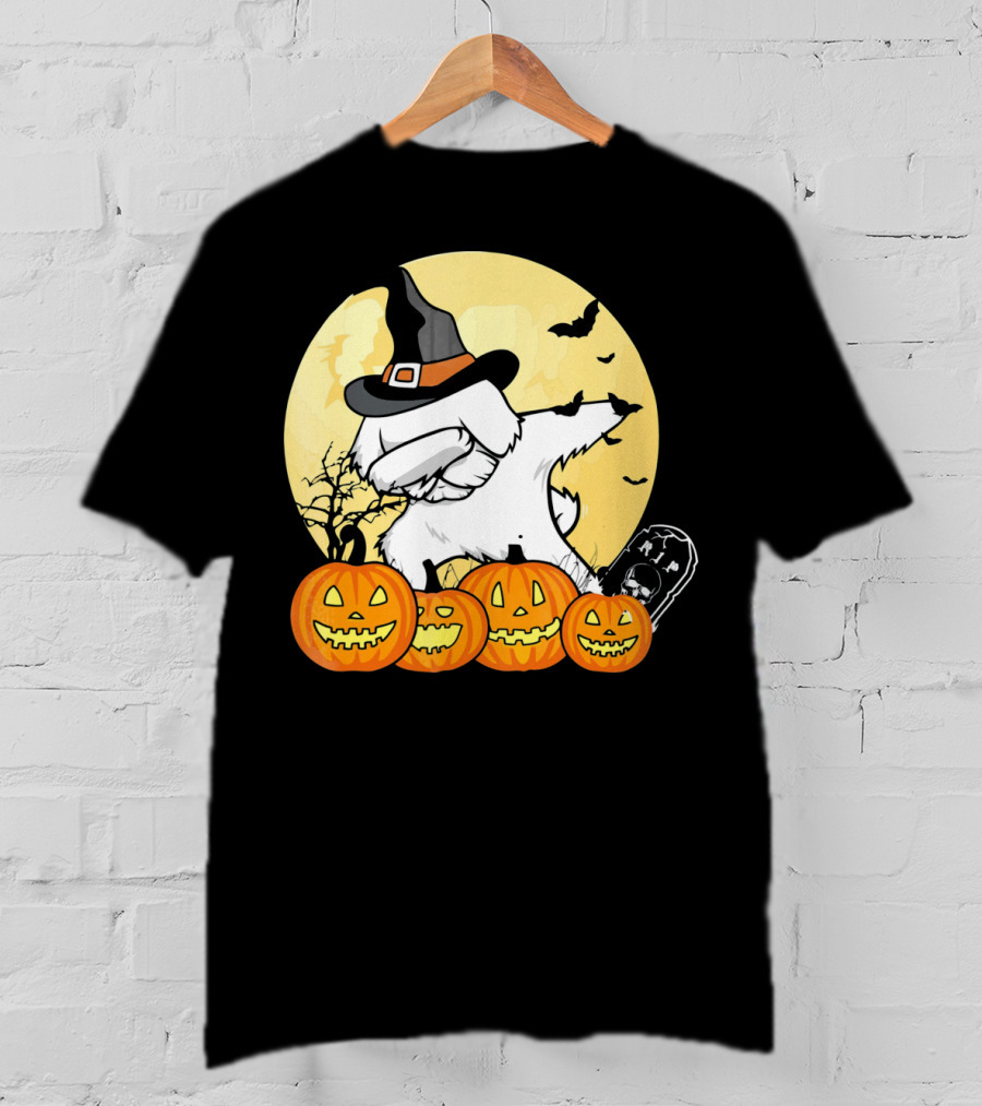 Funny Halloween Maltese Dog With Pumpkins And Witch Hat T-Shirt