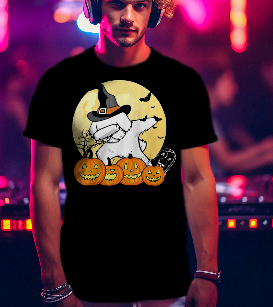 Funny Halloween Maltese Dog With Pumpkins And Witch Hat T-Shirt