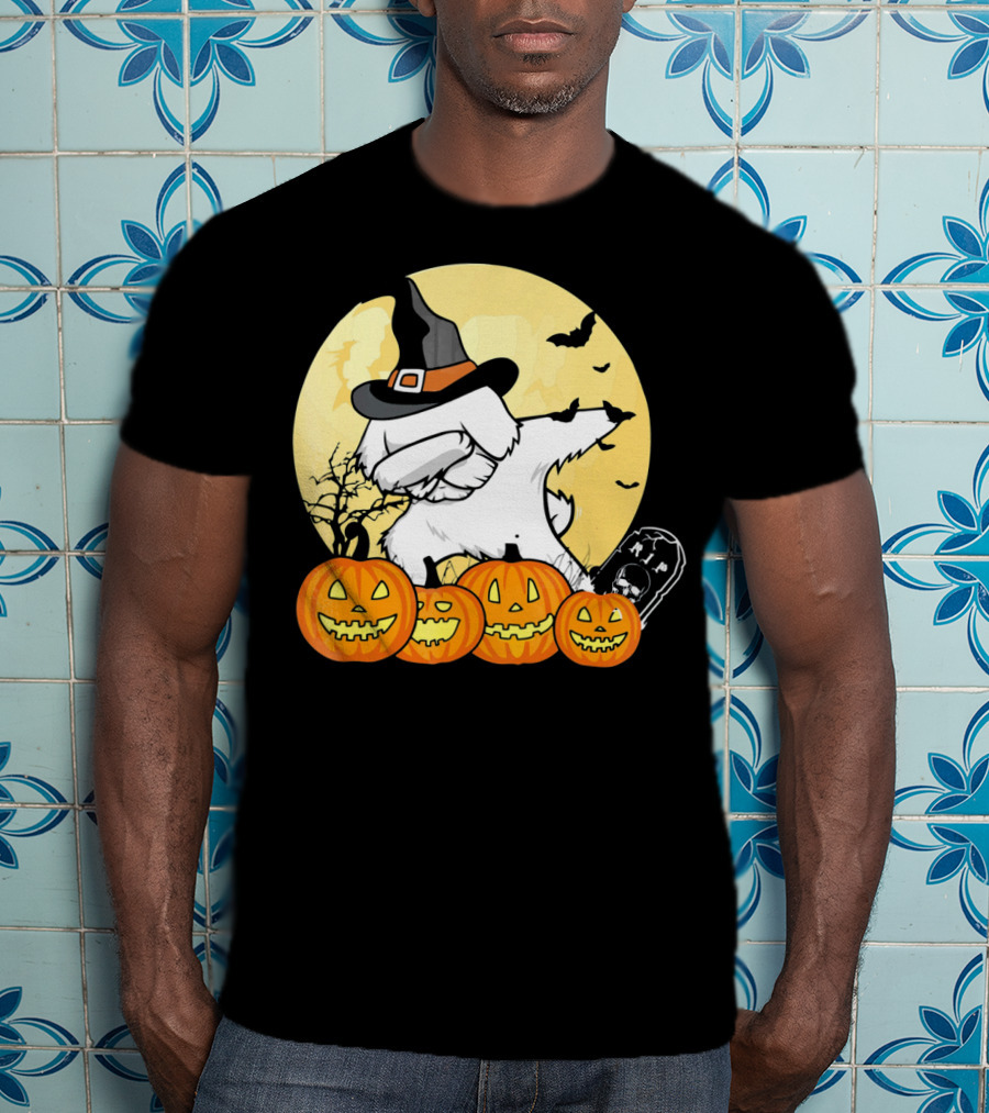 Funny Halloween Maltese Dog With Pumpkins And Witch Hat T-Shirt