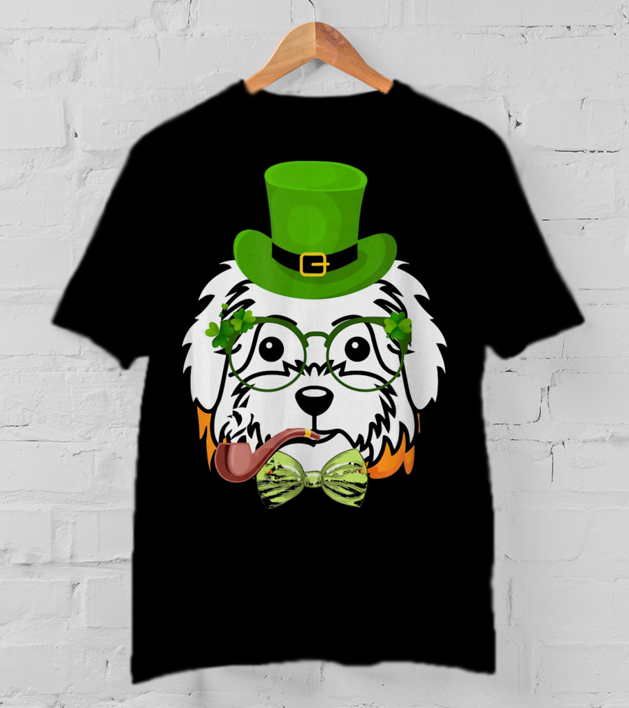 Maltese Dog In Leprechaun Hat With Pipe And Shamrocks For St Patrick's Day T-Shirt