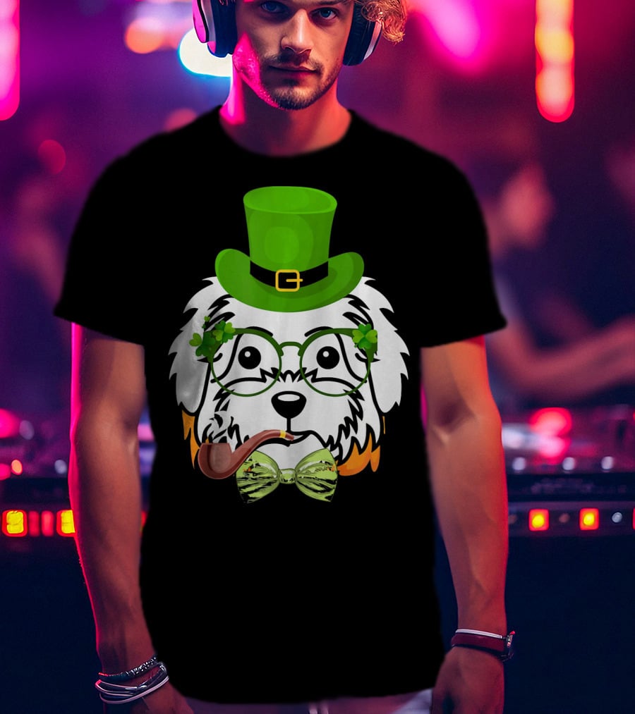 Maltese Dog In Leprechaun Hat With Pipe And Shamrocks For St Patrick's Day T-Shirt