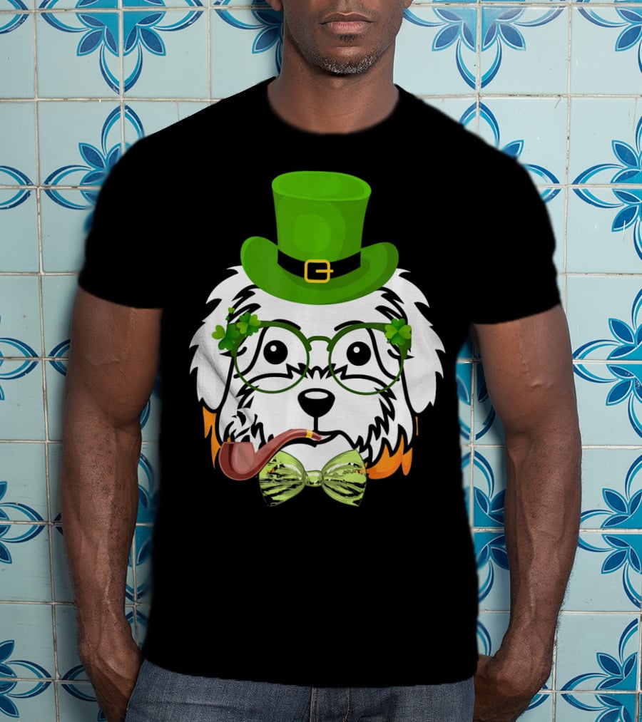 Maltese Dog In Leprechaun Hat With Pipe And Shamrocks For St Patrick's Day T-Shirt