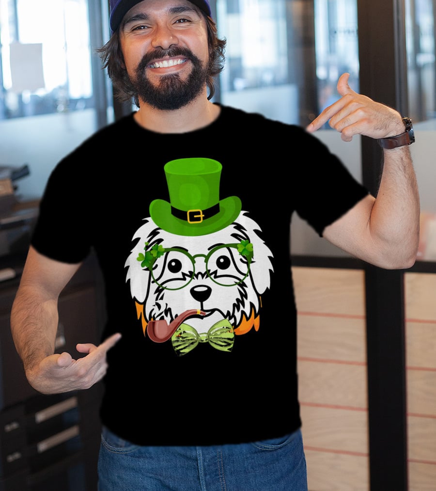 Maltese Dog In Leprechaun Hat With Pipe And Shamrocks For St Patrick's Day T-Shirt