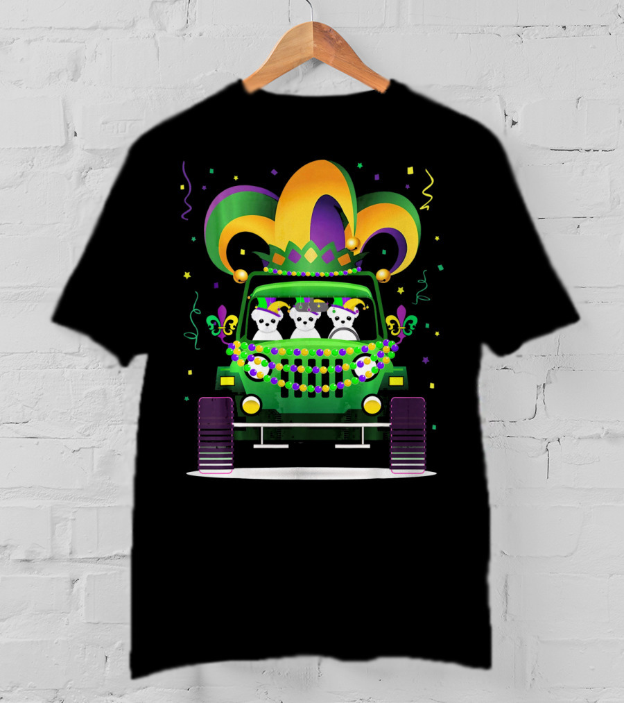 Mardi Gras Maltese Dogs Riding Jeep With Colorful Hat And Beads T-Shirt