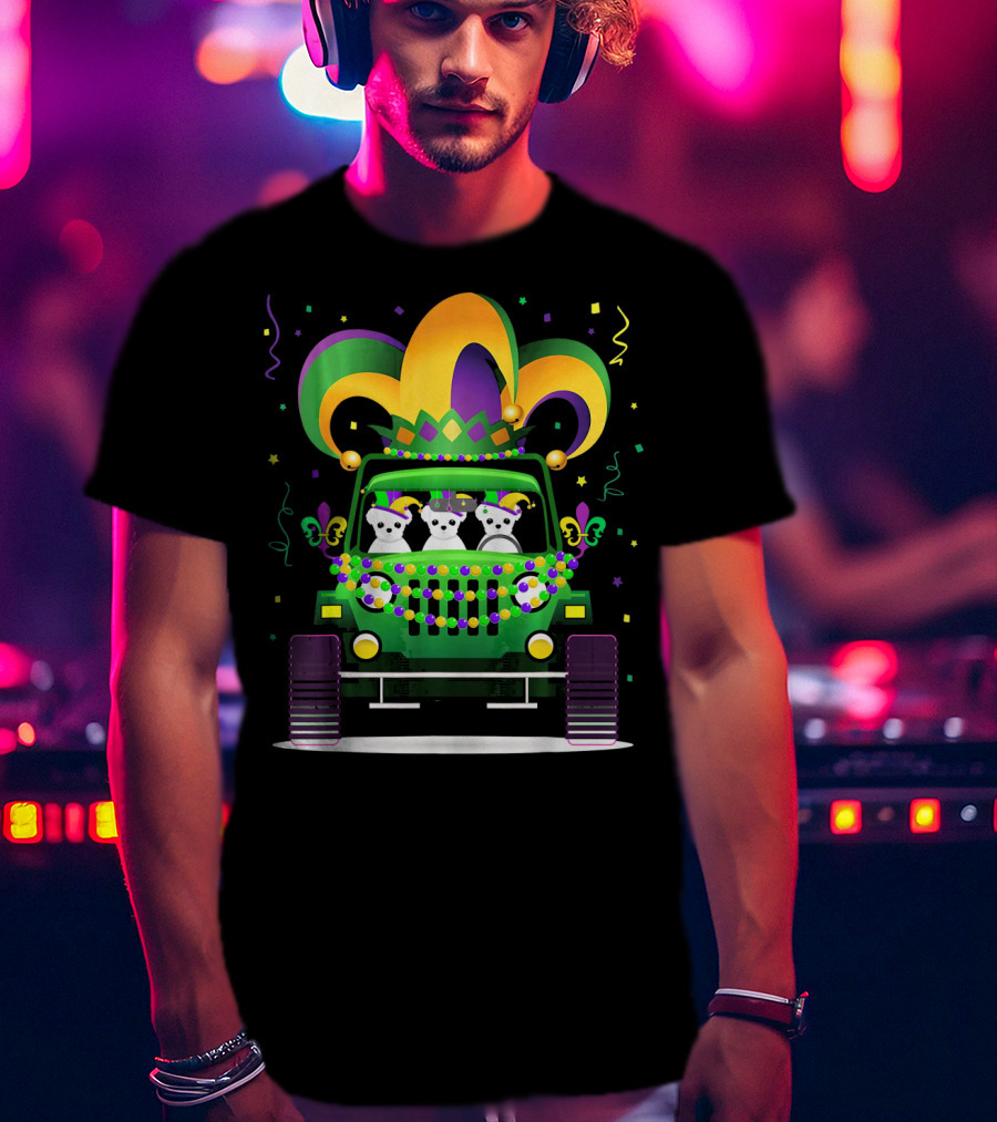 Mardi Gras Maltese Dogs Riding Jeep With Colorful Hat And Beads T-Shirt