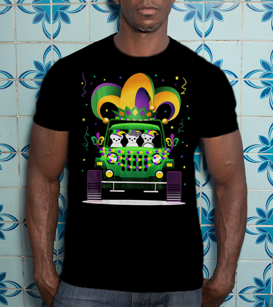 Mardi Gras Maltese Dogs Riding Jeep With Colorful Hat And Beads T-Shirt