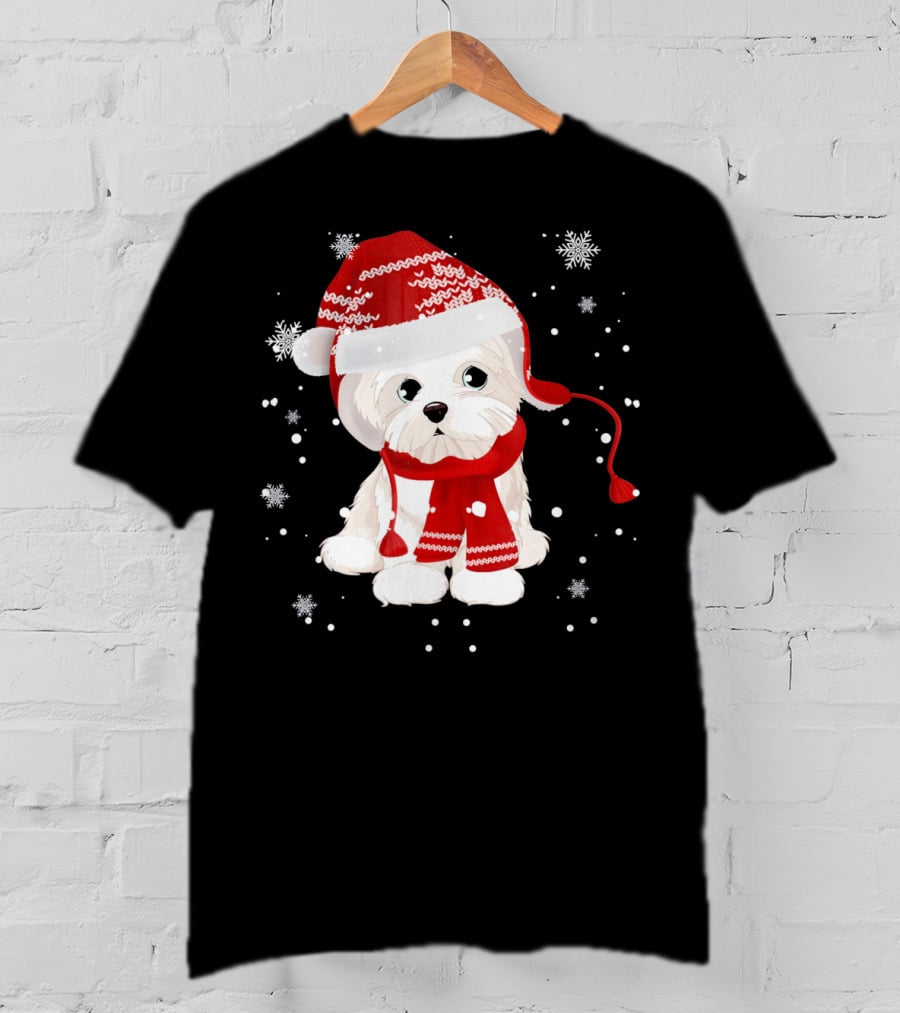 Funny Maltese Santa Hat Scarf Ugly Snowflakes T-Shirt