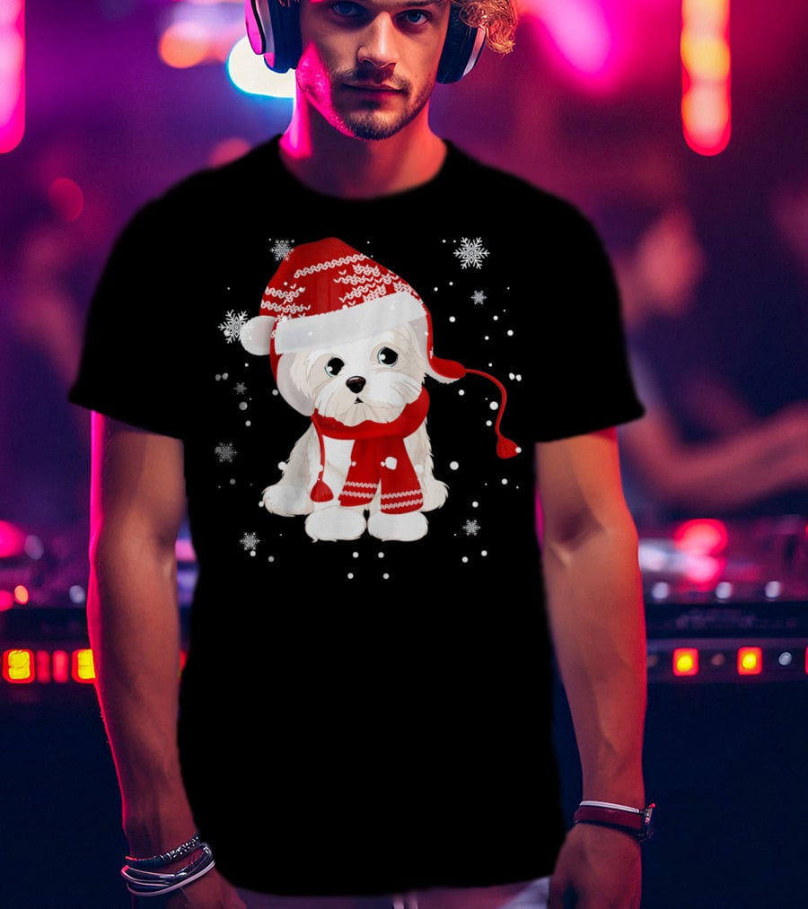 Funny Maltese Santa Hat Scarf Ugly Snowflakes T-Shirt