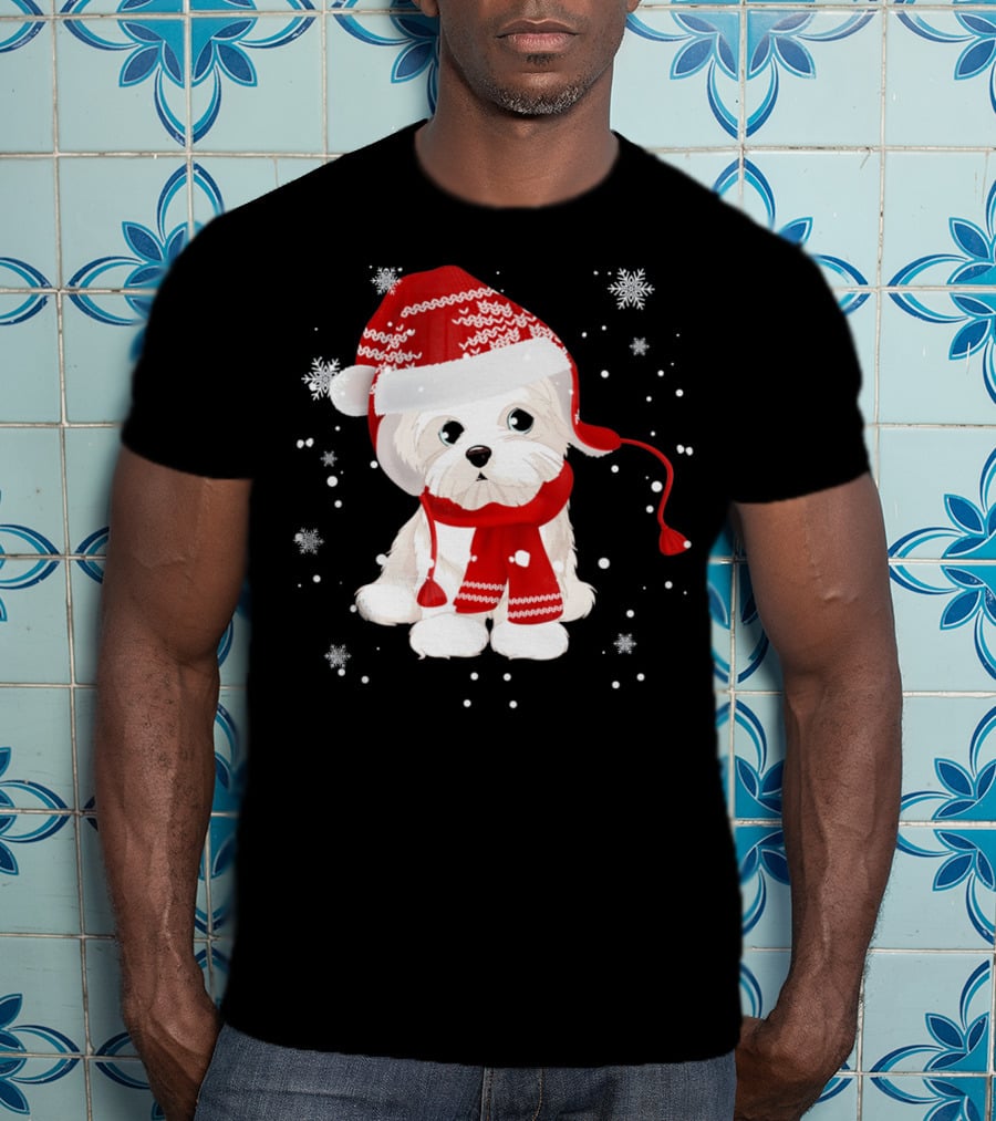 Funny Maltese Santa Hat Scarf Ugly Snowflakes T-Shirt