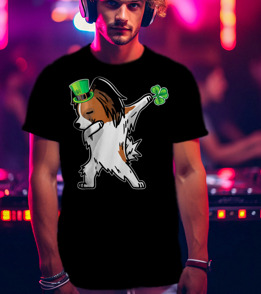 Papillon Dab Dabbing Dance With Shamrock And Leprechaun Hat T-Shirt