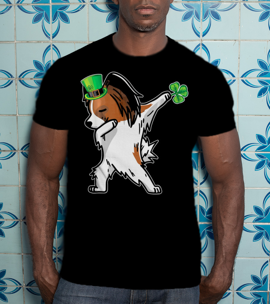 Papillon Dab Dabbing Dance With Shamrock And Leprechaun Hat T-Shirt