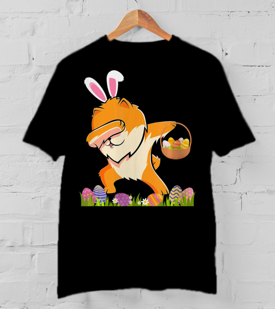 Funny Pomeranian Dabbing Easter Bunny With Eggs And Basket T-Shirt