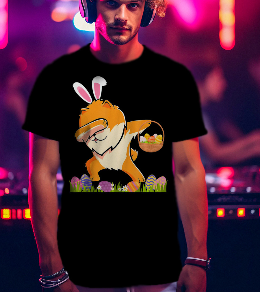 Funny Pomeranian Dabbing Easter Bunny With Eggs And Basket T-Shirt