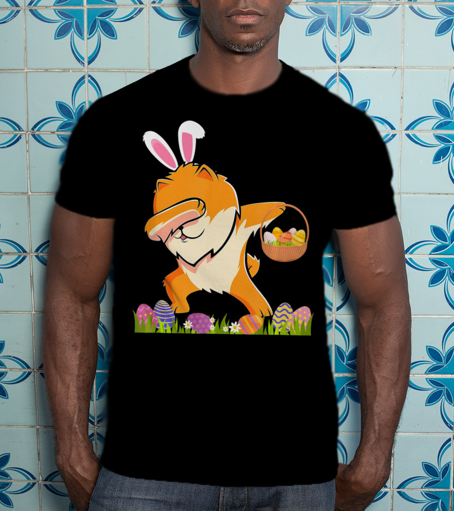 Funny Pomeranian Dabbing Easter Bunny With Eggs And Basket T-Shirt