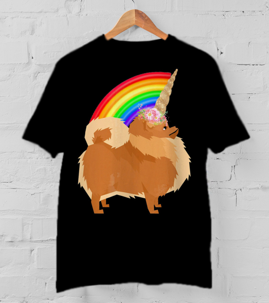 Pomeranian Rainbow Unicorn Dog With Floral Horn And Doodle Elements T-Shirt