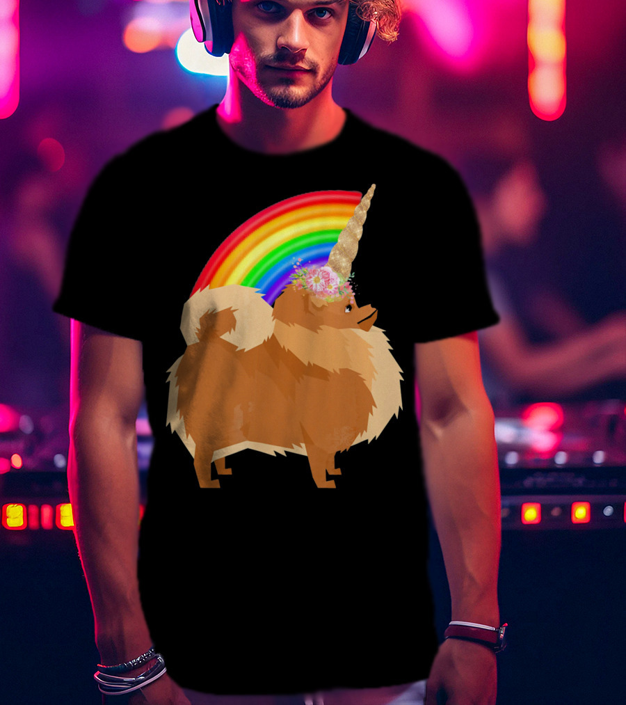 Pomeranian Rainbow Unicorn Dog With Floral Horn And Doodle Elements T-Shirt